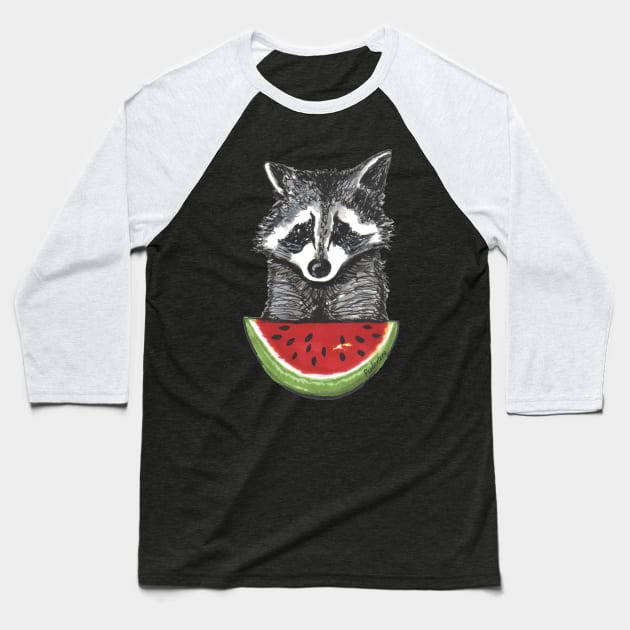 Racoon and watermelon Baseball T-Shirt by Pendientera